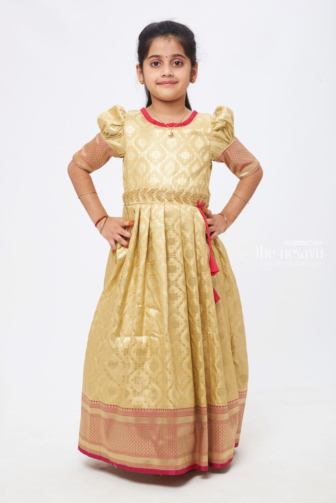 The Nesavu Silk Gown Golden Glamour: Beige Zari Floral Pleated Banarasi Silk Gown for Girls Nesavu 16 (1Y) / Beige / Jacquard GA155C-16 Indian Anarkali Gowns | Latest Anarkali Designs 2023 | The Nesavu