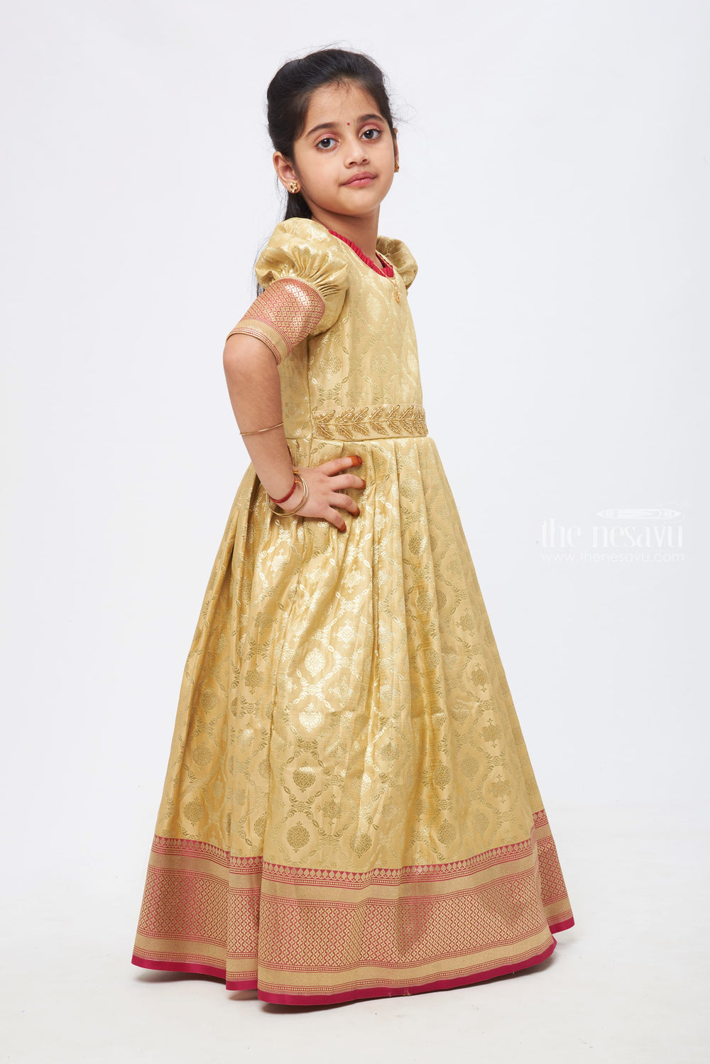 The Nesavu Silk Gown Golden Glamour: Beige Zari Floral Pleated Banarasi Silk Gown for Girls Nesavu Indian Anarkali Gowns | Latest Anarkali Designs 2023 | The Nesavu