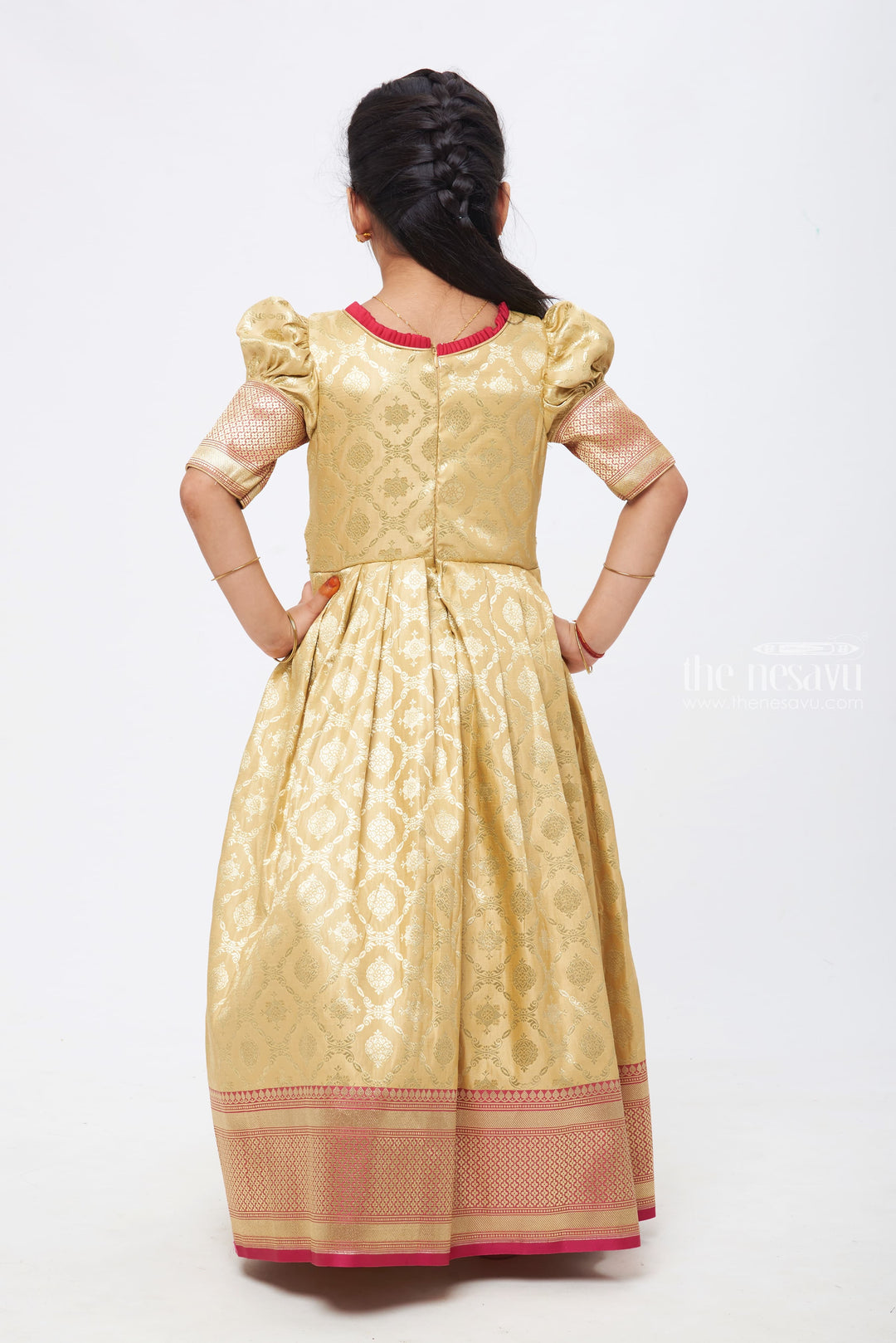 The Nesavu Silk Gown Golden Glamour: Beige Zari Floral Pleated Banarasi Silk Gown for Girls Nesavu Indian Anarkali Gowns | Latest Anarkali Designs 2023 | The Nesavu
