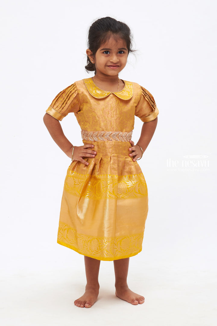 The Nesavu Silk Frock Golden Gleam Delight: Stone & Bead Embellished Silk Frock for Girls Nesavu 16 (1Y) / Yellow / Chanderi SF718A-16 Golden Gleam Delight Silk Frock for Girls |