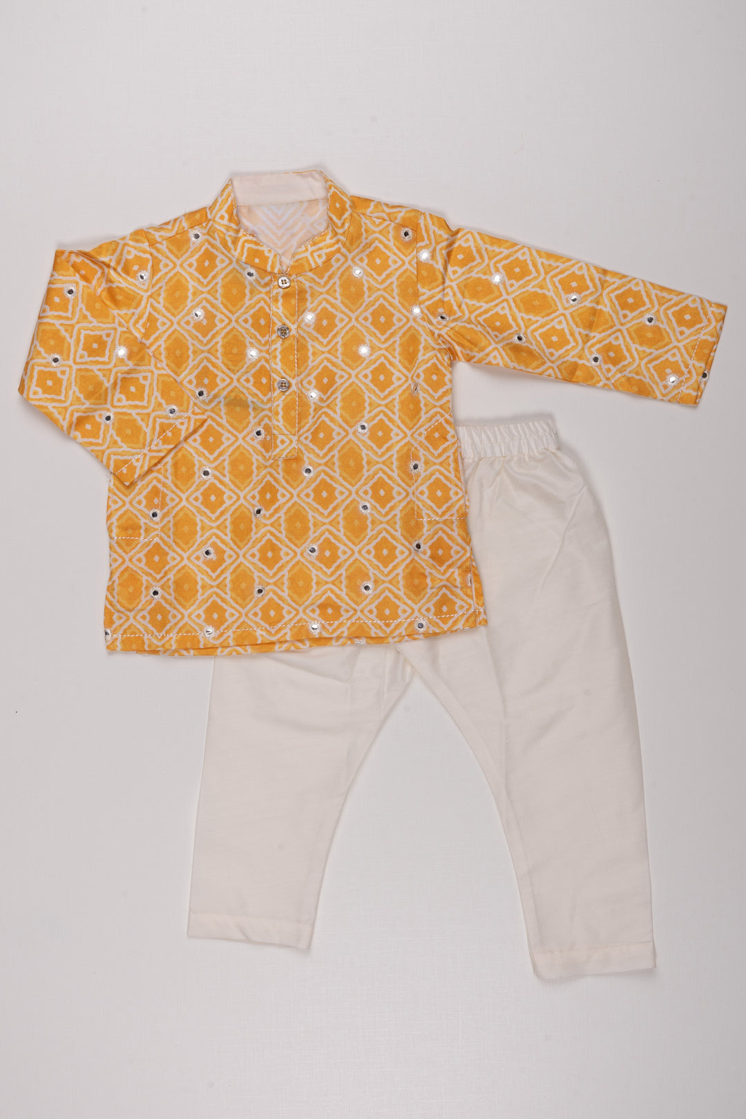 The Nesavu Boys Kurtha Set Golden Glory: Mirror-Embroidered Geometric Printed Yellow Kurta Shirt & Pant Set for Boys Nesavu 14 (6M) / Yellow / Silk Blend BES400B-14 Kids Kurta and Pant Set | Authentic Indian Boys Wear | The Nesavu