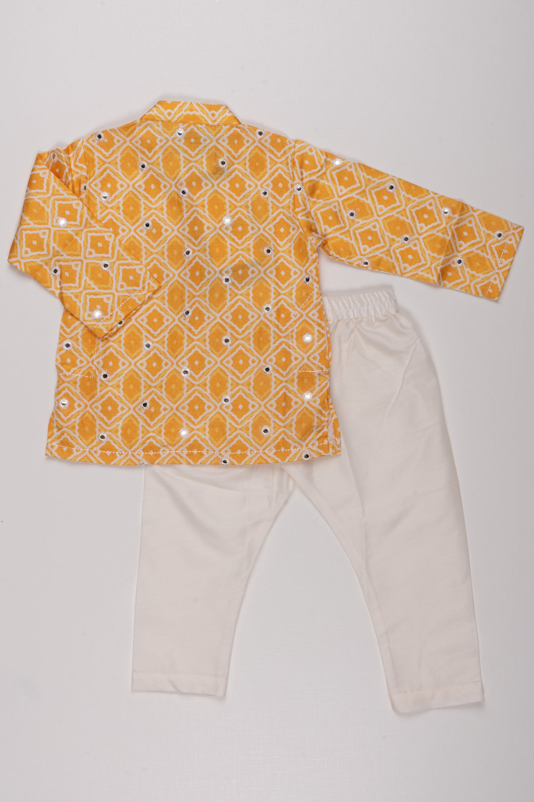 The Nesavu Boys Kurtha Set Golden Glory: Mirror-Embroidered Geometric Printed Yellow Kurta Shirt & Pant Set for Boys Nesavu Kids Kurta and Pant Set | Authentic Indian Boys Wear | The Nesavu