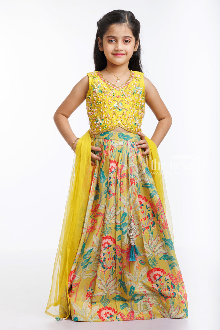 The Nesavu Girls Lehenga Choli Golden Glow Embroidered Lehenga with Choli - A Festive Masterpiece for Girls Nesavu 24 (5Y) / Yellow / Chinnon GL440A-24 Girls Golden Embroidered Lehenga Choli | Brighten Festivities with Style | The Nesavu