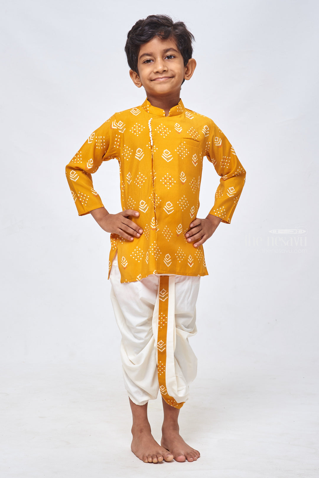 The Nesavu Boys Dothi Set Golden Patterns: Boys Geometric Print Yellow Kurta & Dhoti - Ethnic Casual Fusion Nesavu Boys Indian Traditional Dress | Latest Boys Kurta Collection | The Nesavu
