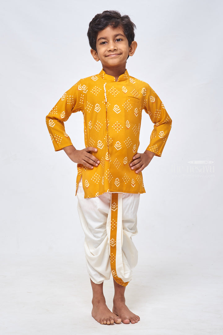 The Nesavu Boys Dothi Set Golden Patterns: Boys Geometric Print Yellow Kurta & Dhoti - Ethnic Casual Fusion Nesavu Boys Indian Traditional Dress | Latest Boys Kurta Collection | The Nesavu