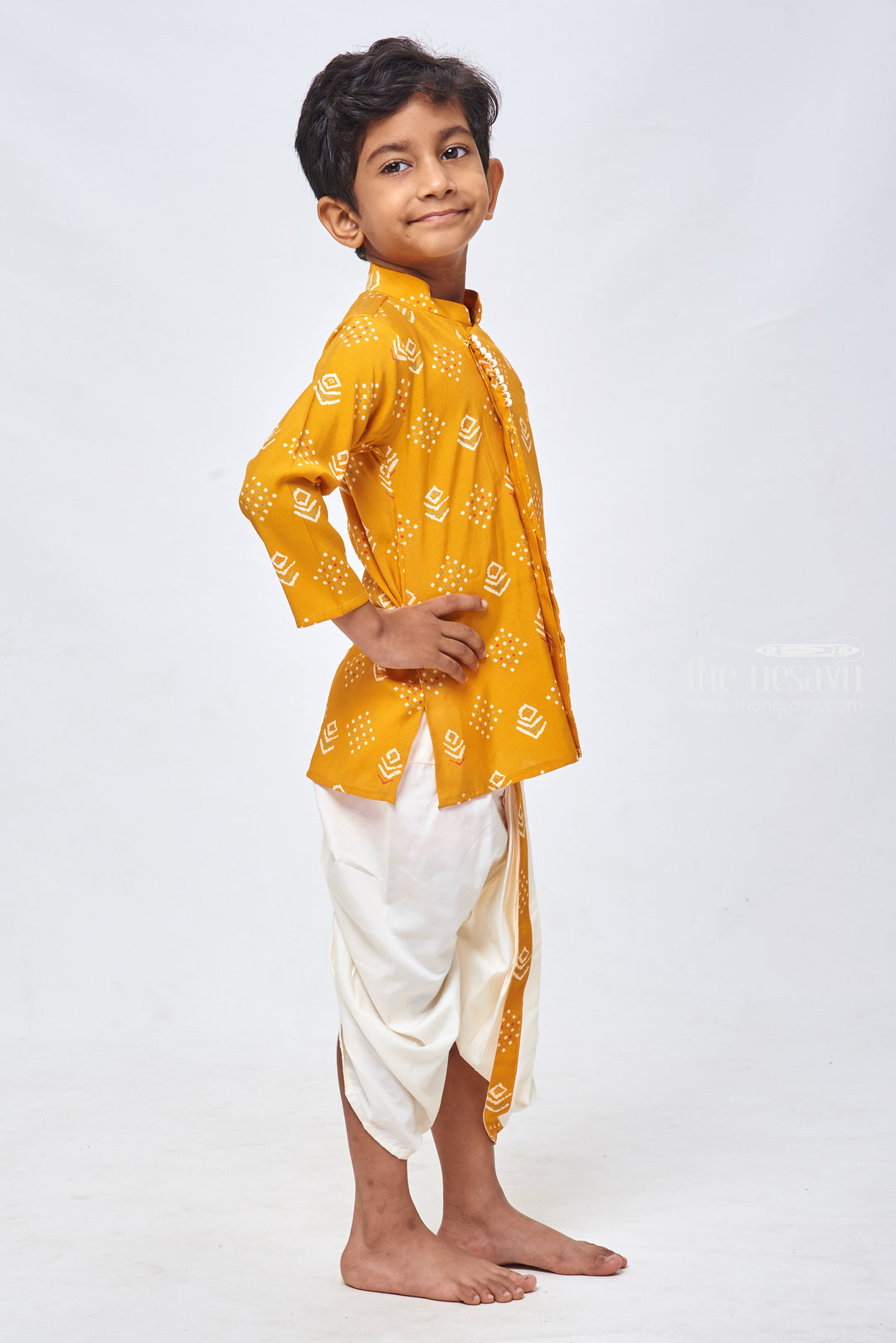 The Nesavu Boys Dothi Set Golden Patterns: Boys Geometric Print Yellow Kurta & Dhoti - Ethnic Casual Fusion Nesavu Boys Indian Traditional Dress | Latest Boys Kurta Collection | The Nesavu