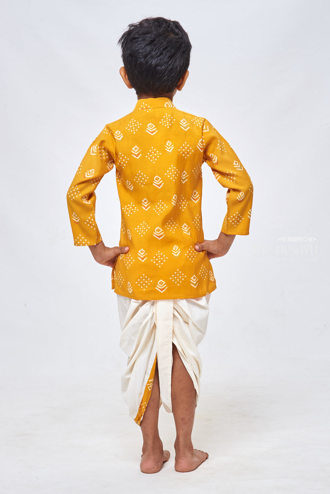 The Nesavu Boys Dothi Set Golden Patterns: Boys Geometric Print Yellow Kurta & Dhoti - Ethnic Casual Fusion Nesavu Boys Indian Traditional Dress | Latest Boys Kurta Collection | The Nesavu