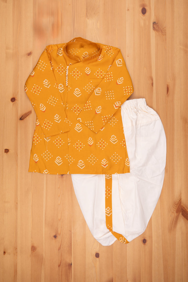 The Nesavu Boys Kurtha Set Golden Patterns: Boys Geometric Print Yellow Kurta & Dhoti - Ethnic Casual Fusion Nesavu 12 (3M) / Yellow BES361A-12 Boys Indian Traditional Dress | Latest Boys Kurta Collection | The Nesavu
