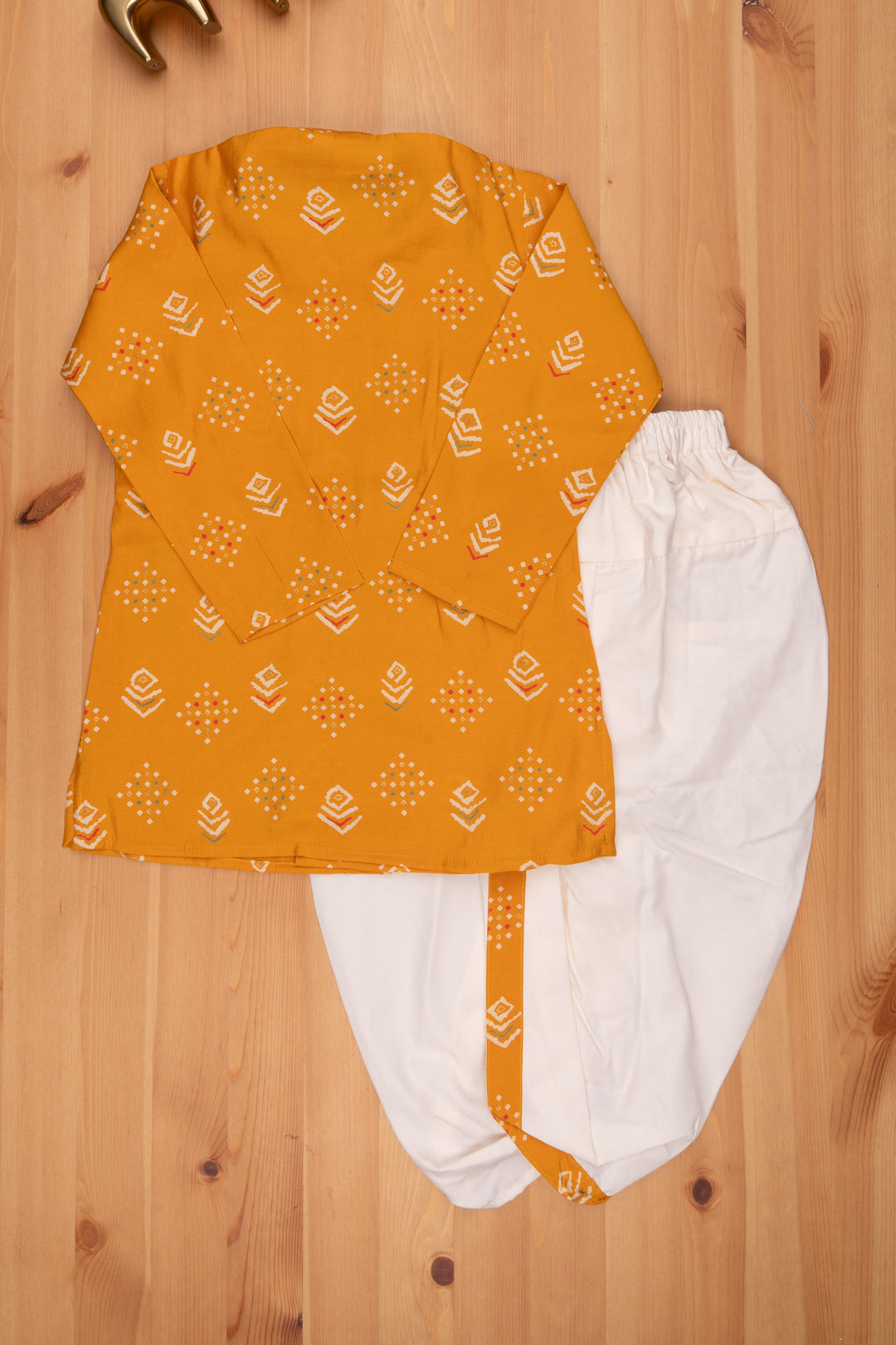 The Nesavu Boys Kurtha Set Golden Patterns: Boys Geometric Print Yellow Kurta & Dhoti - Ethnic Casual Fusion Nesavu Boys Indian Traditional Dress | Latest Boys Kurta Collection | The Nesavu