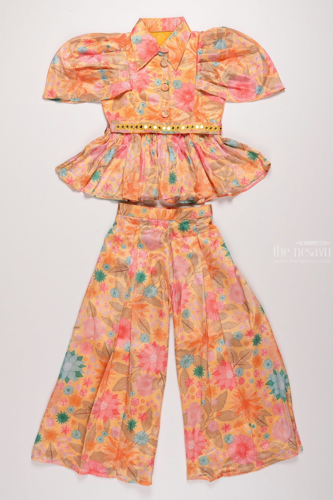 The Nesavu Girls Sharara / Plazo Set Golden Petal: Floral Printed Yellow Top with Palazzo Pant Set for Girls Nesavu 24 (5Y) / Yellow / Chinnon GPS232B-24 Designer Top and Palazzo set for girls | Casual Kurti Palazzo sets for girls | The Nesavu