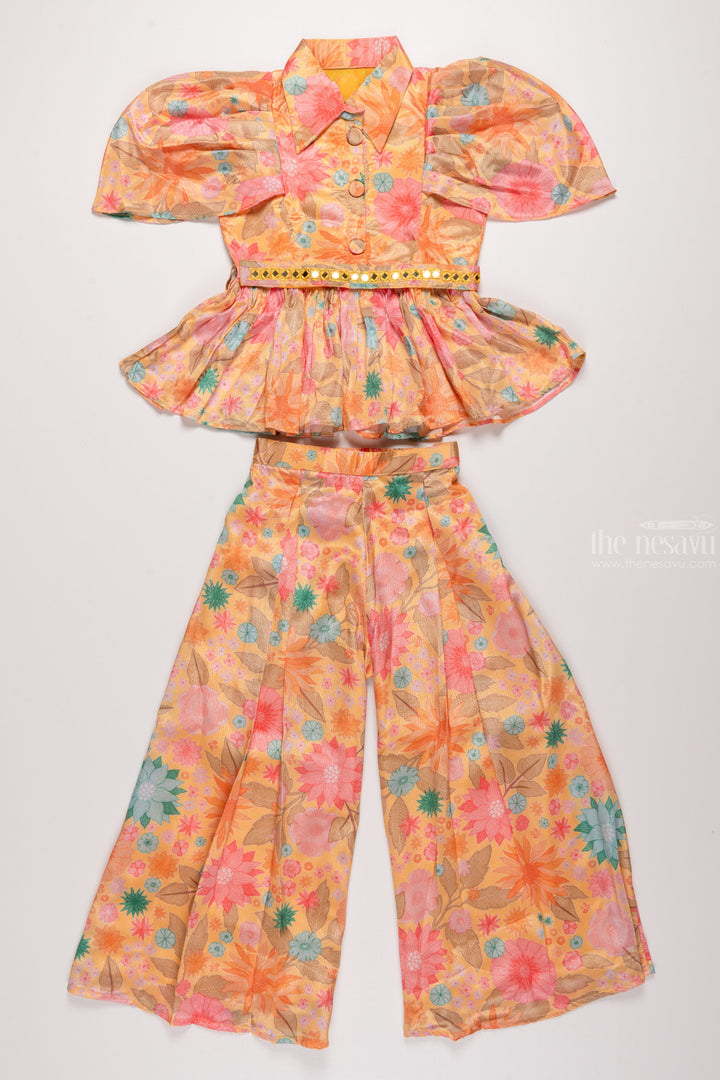 The Nesavu Girls Sharara / Plazo Set Golden Petal: Floral Printed Yellow Top with Palazzo Pant Set for Girls Nesavu 24 (5Y) / Yellow / Chinnon GPS232B-24 Designer Top and Palazzo set for girls | Casual Kurti Palazzo sets for girls | The Nesavu