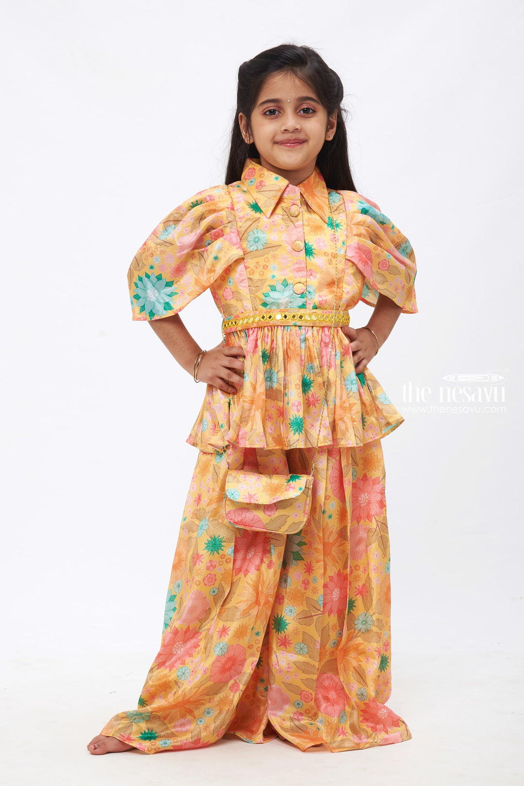 The Nesavu Girls Sharara / Plazo Set Golden Petal: Floral Printed Yellow Top with Palazzo Pant Set for Girls Nesavu 24 (5Y) / Yellow / Chinnon GPS232B-24 Designer Top and Palazzo set for girls | Casual Kurti Palazzo sets for girls | The Nesavu