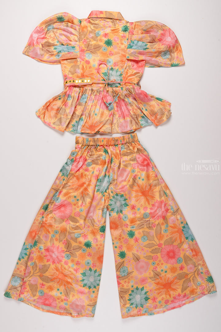 The Nesavu Girls Sharara / Plazo Set Golden Petal: Floral Printed Yellow Top with Palazzo Pant Set for Girls Nesavu Designer Top and Palazzo set for girls | Casual Kurti Palazzo sets for girls | The Nesavu