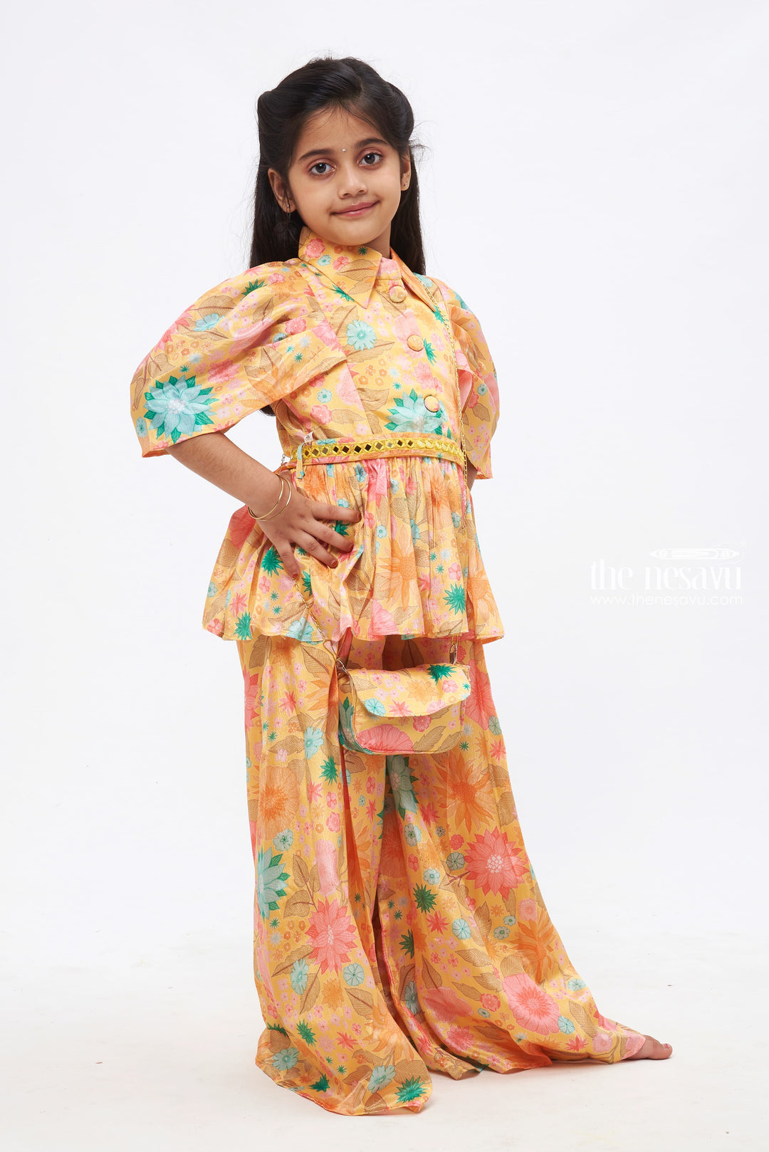 The Nesavu Girls Sharara / Plazo Set Golden Petal: Floral Printed Yellow Top with Palazzo Pant Set for Girls Nesavu Designer Top and Palazzo set for girls | Casual Kurti Palazzo sets for girls | The Nesavu