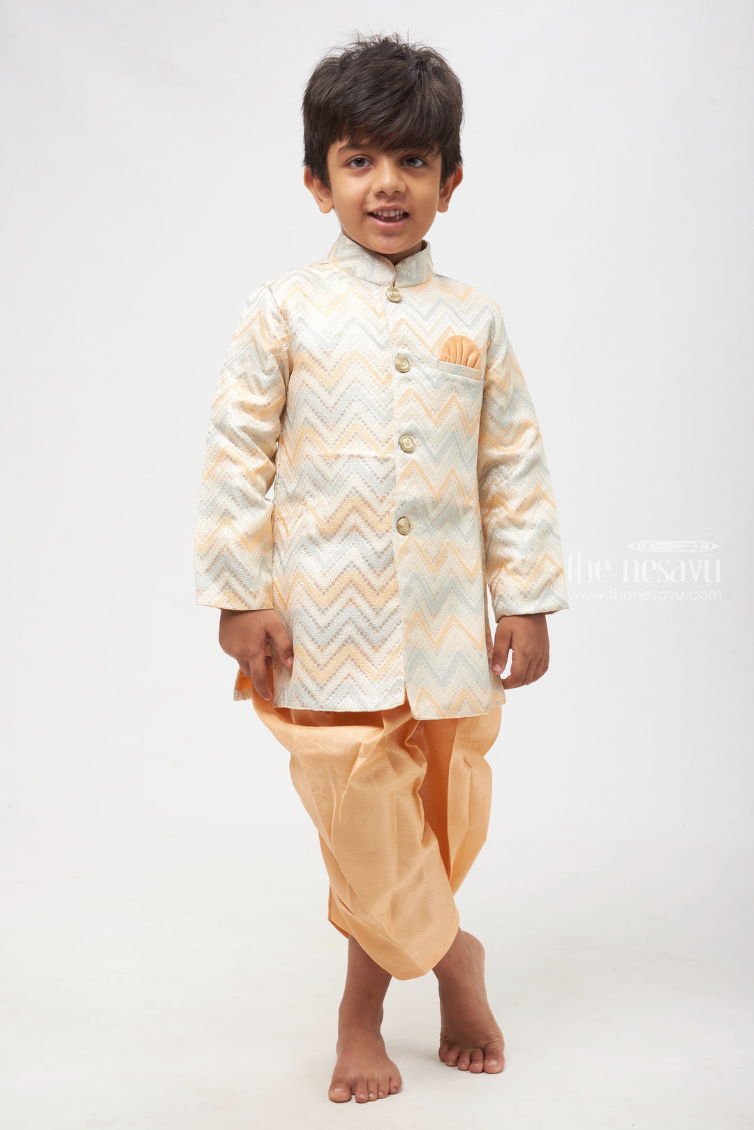 The Nesavu Boys Kurtha Set Golden Radiance: Chevron Jacquard Kurta with Luxe Peach Pants for Boys Nesavu 16 (1Y) / Orange / Blend Silk BES413A-16 Traditional Threads for Young Ones | Boys Kurta with Classy Pant Set | The Nesavu