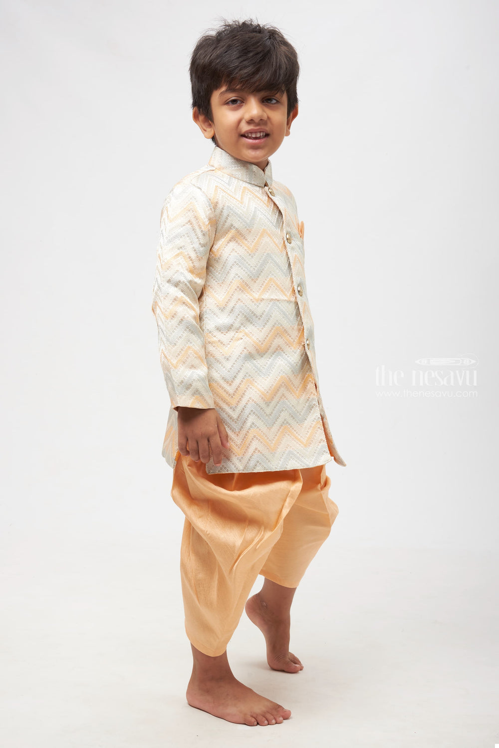 The Nesavu Boys Kurtha Set Golden Radiance: Chevron Jacquard Kurta with Luxe Peach Pants for Boys Nesavu Traditional Threads for Young Ones | Boys Kurta with Classy Pant Set | The Nesavu