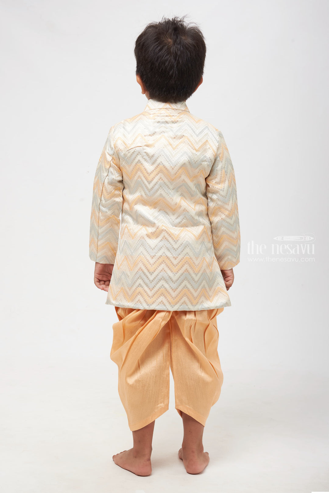 The Nesavu Boys Kurtha Set Golden Radiance: Chevron Jacquard Kurta with Luxe Peach Pants for Boys Nesavu Traditional Threads for Young Ones | Boys Kurta with Classy Pant Set | The Nesavu