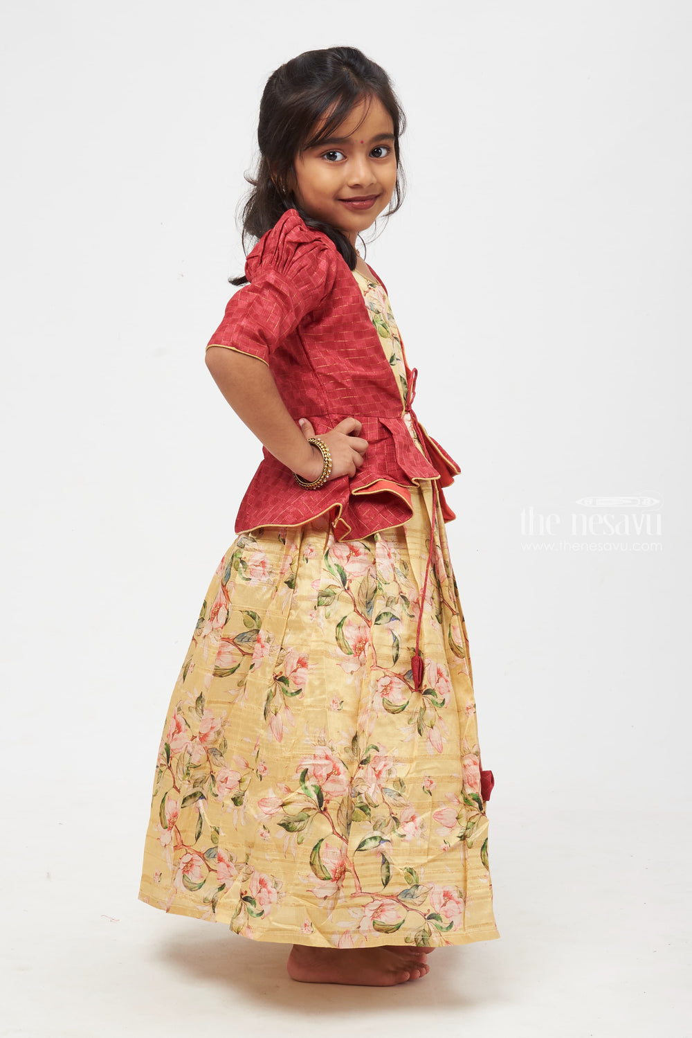 The Nesavu Girls Silk Gown Golden Radiance: Children's Anarkali Gown with Maroon Peplum Jacket Nesavu The Ultimate Fusion | Anarkali with Overcoat Ensemble | The Nesavu