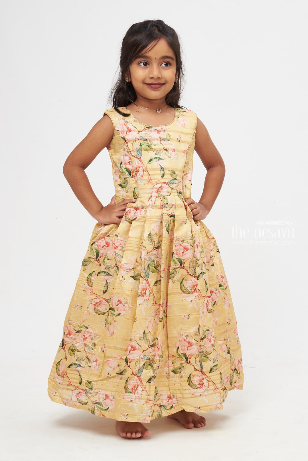 The Nesavu Girls Silk Gown Golden Radiance: Children's Anarkali Gown with Maroon Peplum Jacket Nesavu The Ultimate Fusion | Anarkali with Overcoat Ensemble | The Nesavu