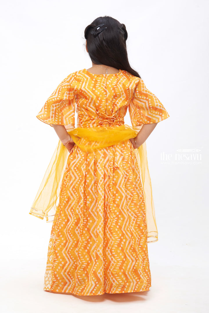 The Nesavu Girls Lehenga Choli Golden Radiance: Exquisite Patterned Orange Lehenga Choli for Girls Nesavu Diwali Princess | Traditional Lehenga Choli Sets for Girls | The Nesavu