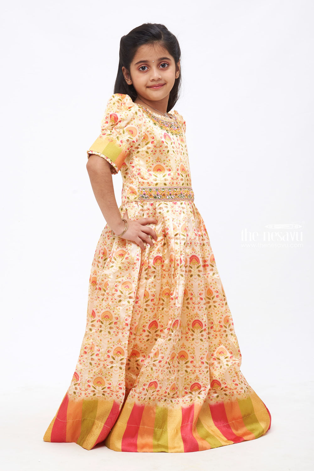 The Nesavu Girls Party Gown Golden Radiance: Girls Mirror Embroidered Yellow Party Gown Nesavu Classic Meets Contemporary | Anarkali Dresses for Little Girls | The Nesavu