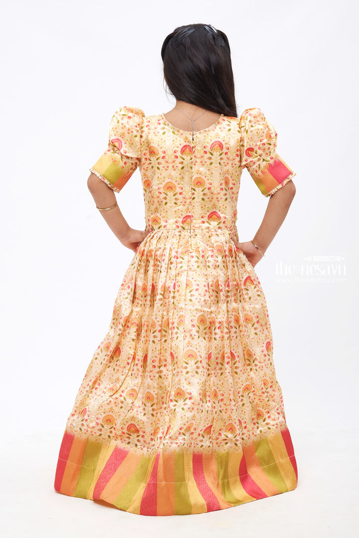 The Nesavu Girls Party Gown Golden Radiance: Girls Mirror Embroidered Yellow Party Gown Nesavu Classic Meets Contemporary | Anarkali Dresses for Little Girls | The Nesavu