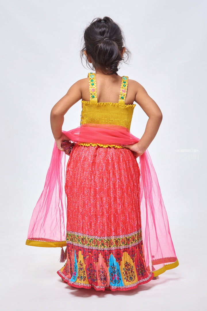 The Nesavu Girls Lehenga Choli Golden Radiance: Resham Embroidered Top with Bandhani Printed Pink Lehenga Ensemble for Girls Nesavu Elegant Embroidered Girls Lehenga | Premium Lehenga Choli | The Nesavu