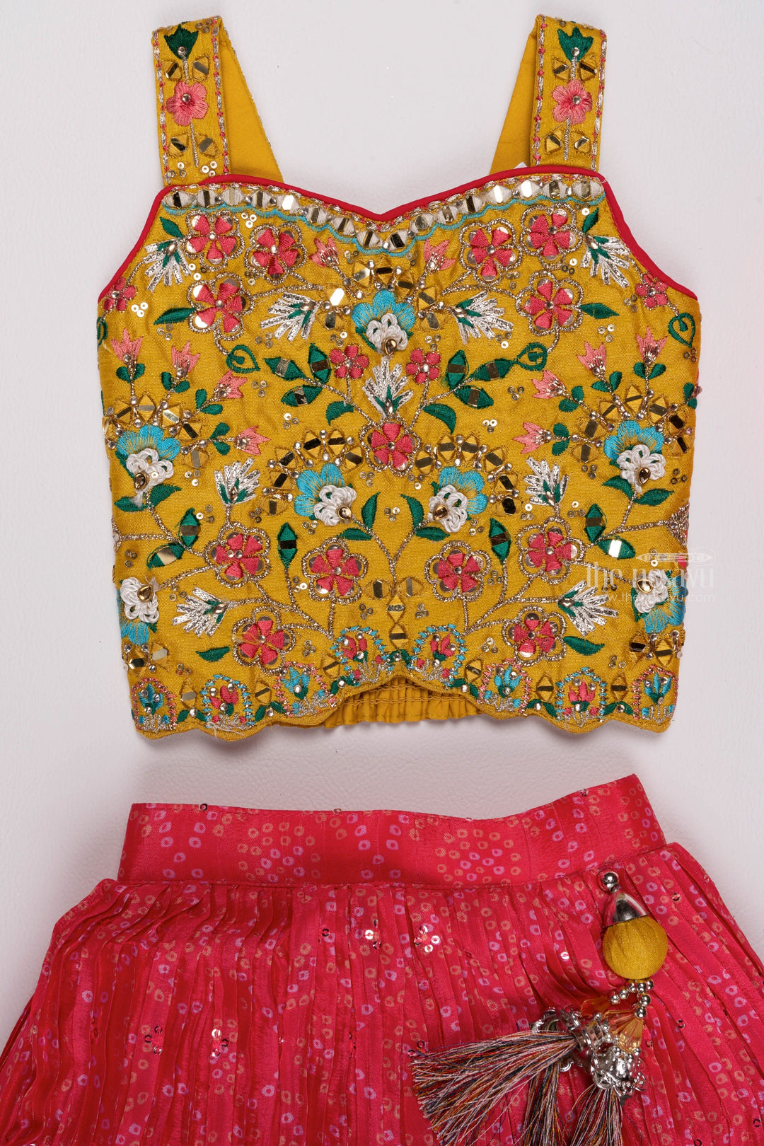 The Nesavu Lehenga & Ghagra Golden Radiance: Resham Embroidered Top with Bandhani Printed Pink Lehenga Ensemble for Girls Nesavu Elegant Embroidered Girls Lehenga | Premium Lehenga Choli | The Nesavu