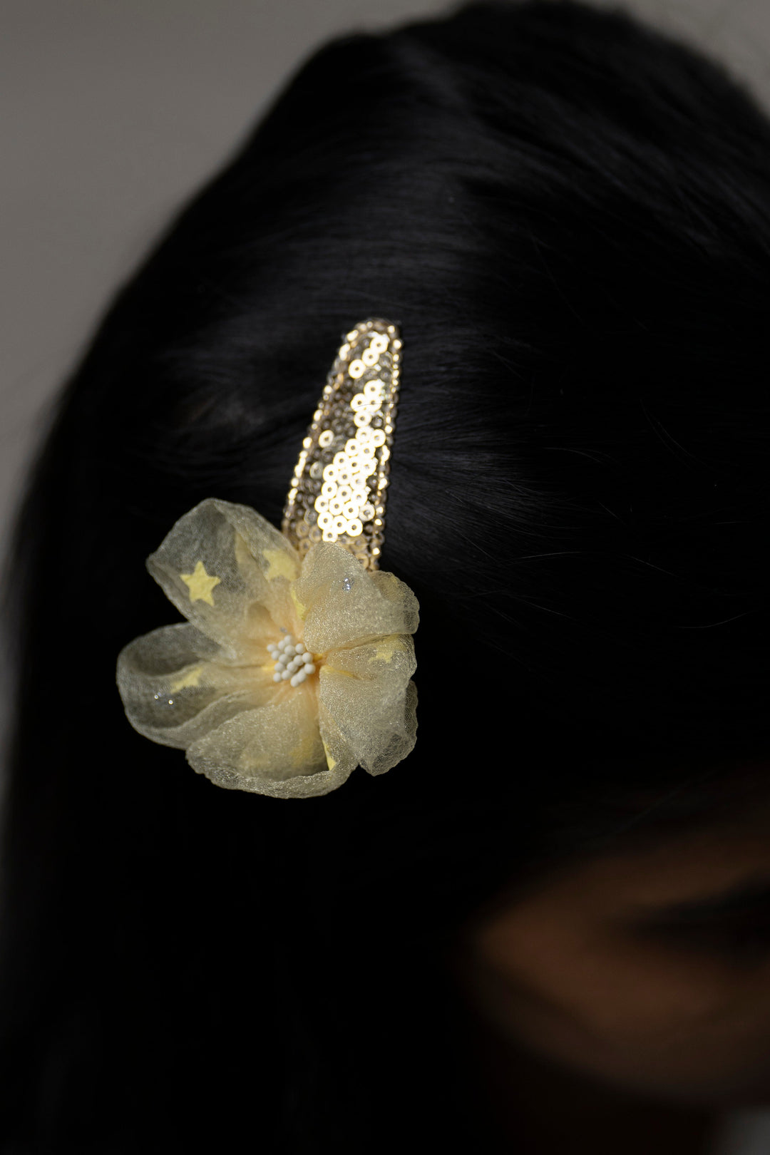 The Nesavu Tick Tac Clip Golden Sequined Hair Clip with Translucent Flower Nesavu Yellow / Style 5 JHTT05E Floral Sequin Hair Clip | Delicate Beauty Accessory | The Nesavu