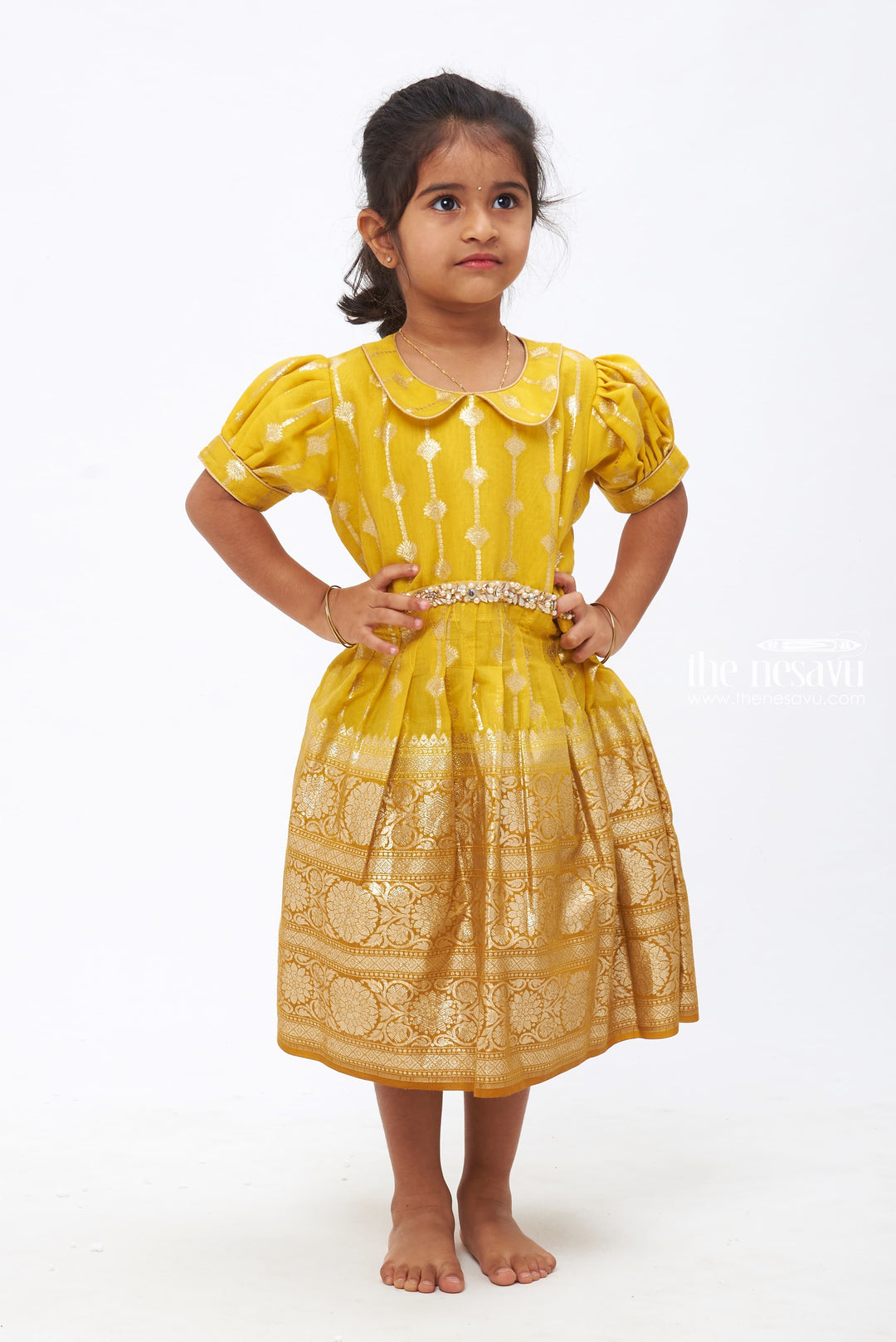 The Nesavu Silk Frock Golden Sunshine Delight: Zari Embroidered Banarasi Border Silk Frock for Girls Nesavu 16 (1Y) / Yellow / Blend Silk SF719C-16 Traditional Handmade Silk Dress | Kids' Premium Ethnic Wear | The Nesavu