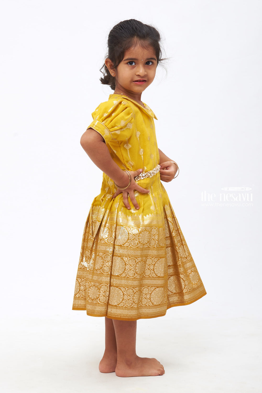 The Nesavu Silk Frock Golden Sunshine Delight: Zari Embroidered Banarasi Border Silk Frock for Girls Nesavu Traditional Handmade Silk Dress | Kids' Premium Ethnic Wear | The Nesavu