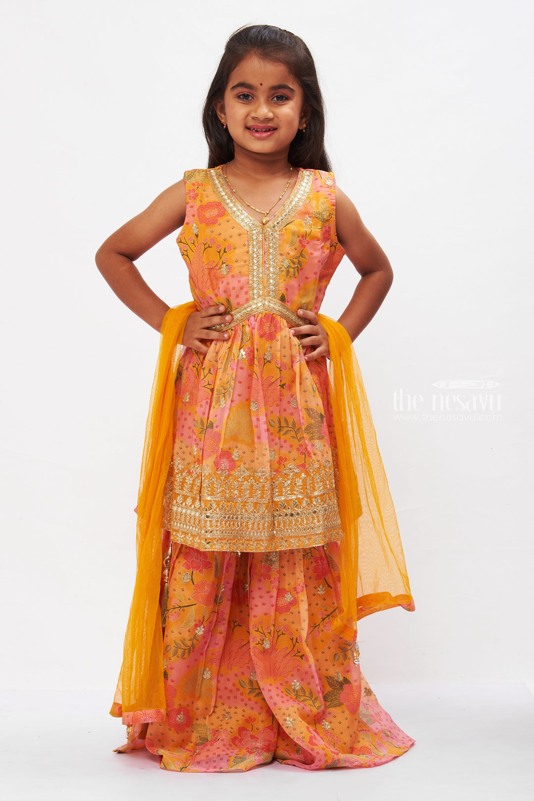 The Nesavu Girls Sharara / Plazo Set Golden Yellow Aliacut Kurti with Gharara Pant Set for Girls Nesavu 28 (7Y) / Yellow GPS277B-28 Festive Yellow Aliacut Kurti & Gharara Set for Girls | Traditional Kids Wear | The Nesavu