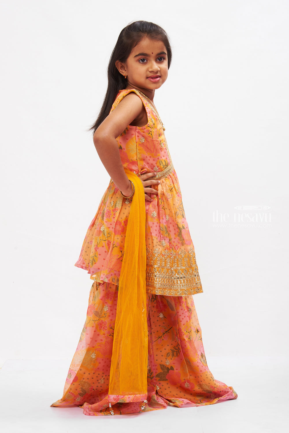 The Nesavu Girls Sharara / Plazo Set Golden Yellow Aliacut Kurti with Gharara Pant Set for Girls Nesavu Festive Yellow Aliacut Kurti & Gharara Set for Girls | Traditional Kids Wear | The Nesavu