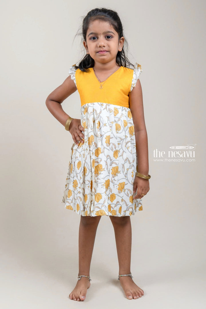 The Nesavu Girls Cotton Frock Golden Yellow With White Cotton Frock For Girls Kids Nesavu 10 (NB) / Yellow / Cotton GFC750-10 Flutter Sleeve Design Ideas | Printed Cotton Gown Collection | The Nesavu