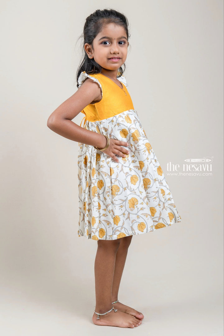 The Nesavu Girls Cotton Frock Golden Yellow With White Cotton Frock For Girls Kids Nesavu Flutter Sleeve Design Ideas | Printed Cotton Gown Collection | The Nesavu
