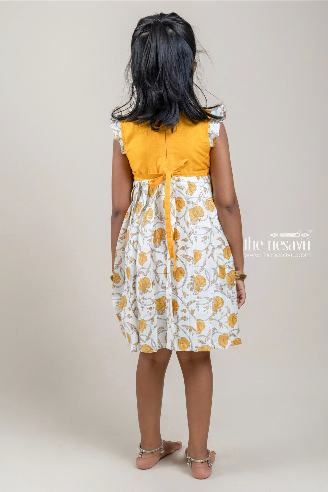 The Nesavu Girls Cotton Frock Golden Yellow With White Cotton Frock For Girls Kids Nesavu Flutter Sleeve Design Ideas | Printed Cotton Gown Collection | The Nesavu