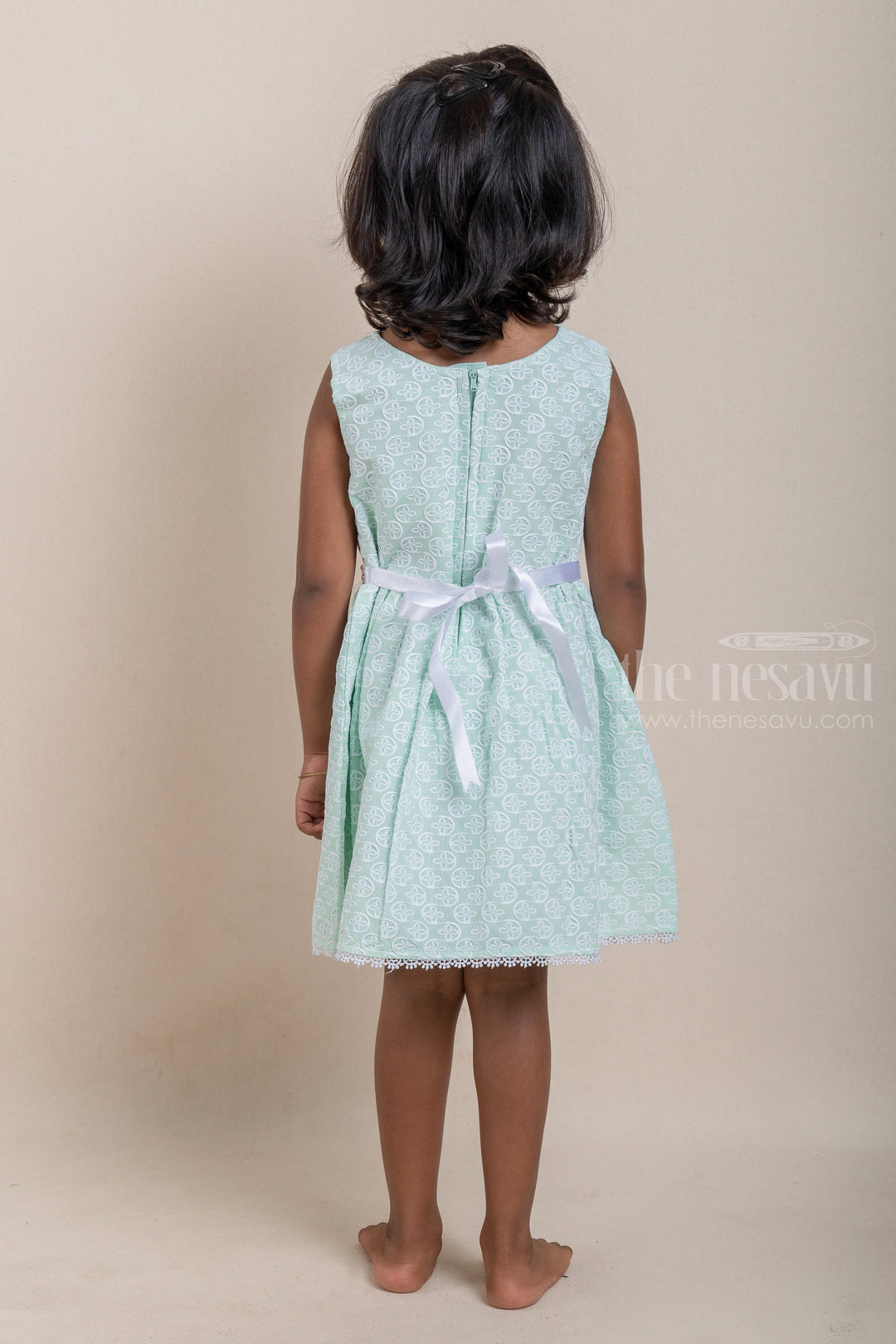 The Nesavu Baby Cotton Frocks Gorgeous All Over Floral Embroidered Green Bamboo Cotton Frock For Baby Girls Nesavu Floral Designer baby Wear Frock | Cotton Dresses For Kids | The Nesavu