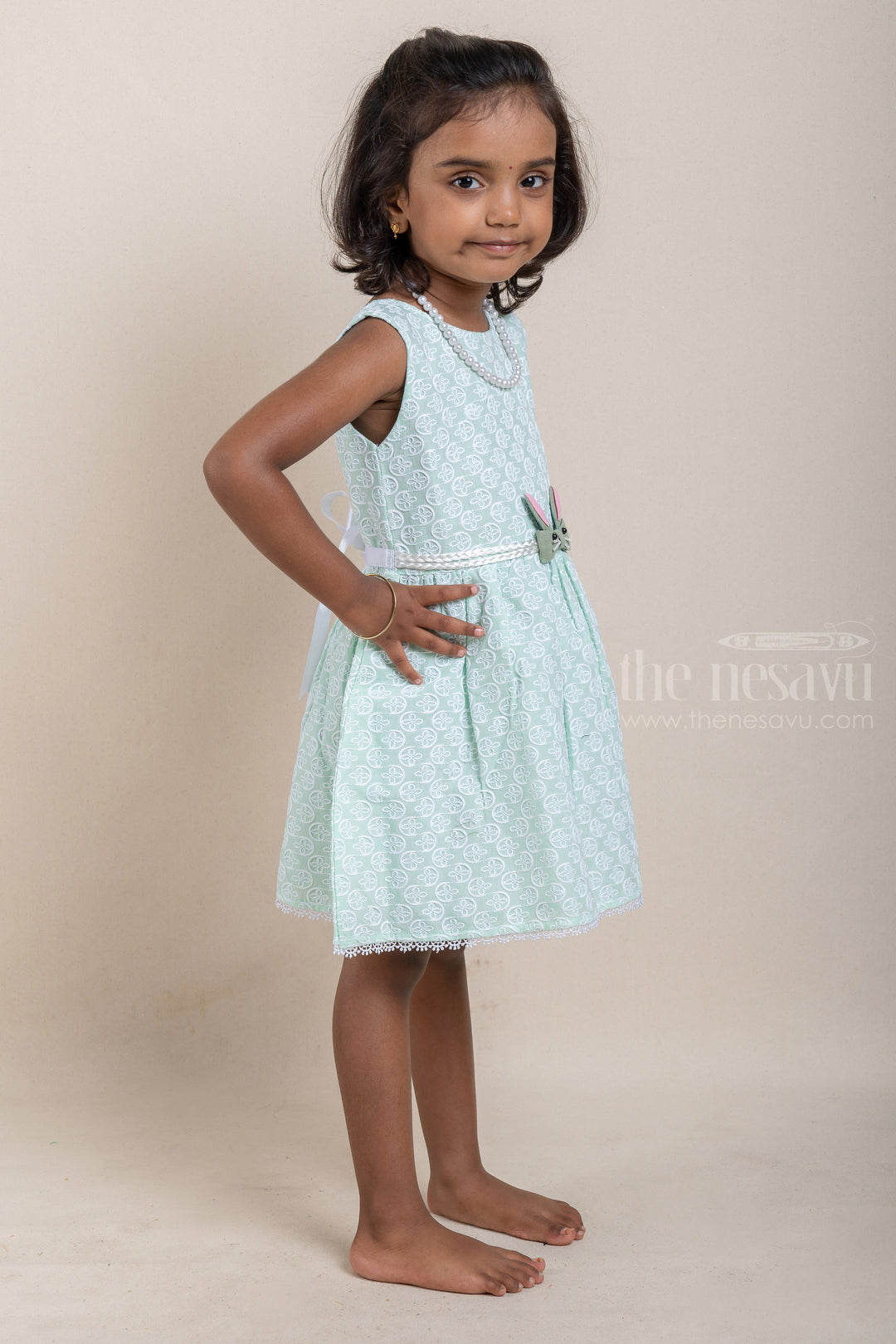 The Nesavu Baby Cotton Frocks Gorgeous All Over Floral Embroidered Green Bamboo Cotton Frock For Baby Girls Nesavu Floral Designer baby Wear Frock | Cotton Dresses For Kids | The Nesavu