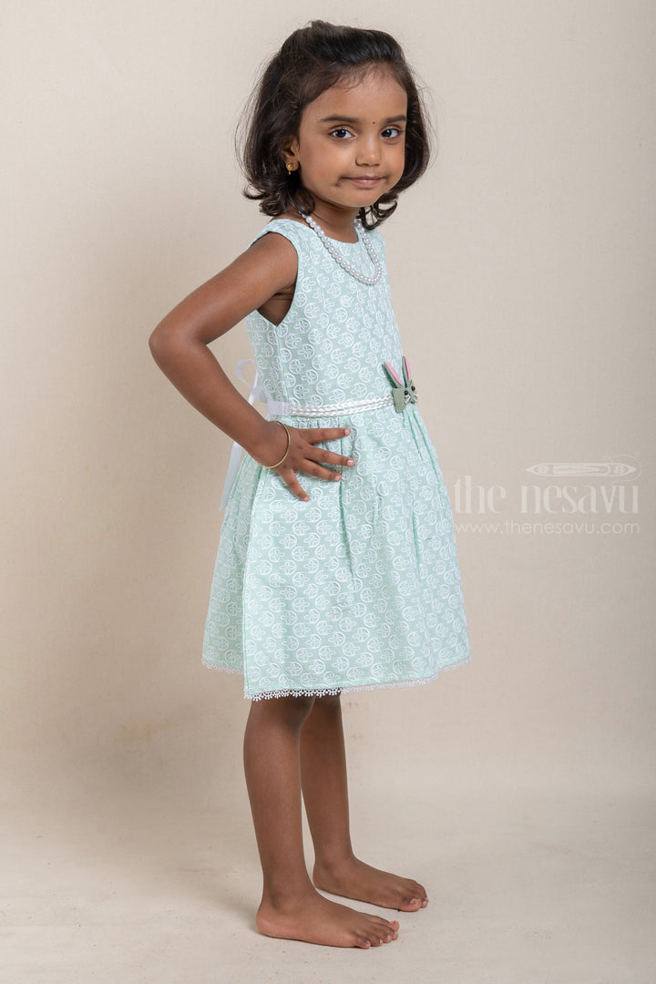 The Nesavu Baby Cotton Frocks Gorgeous All Over Floral Embroidered Green Bamboo Cotton Frock For Baby Girls Nesavu Floral Designer baby Wear Frock | Cotton Dresses For Kids | The Nesavu