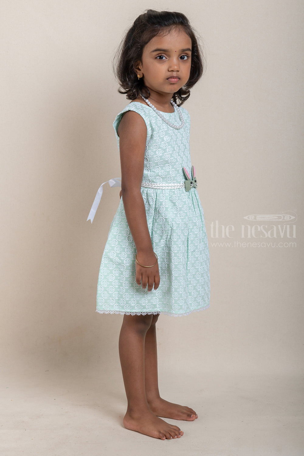The Nesavu Baby Cotton Frocks Gorgeous All Over Floral Embroidered Green Bamboo Cotton Frock For Baby Girls Nesavu Floral Designer baby Wear Frock | Cotton Dresses For Kids | The Nesavu