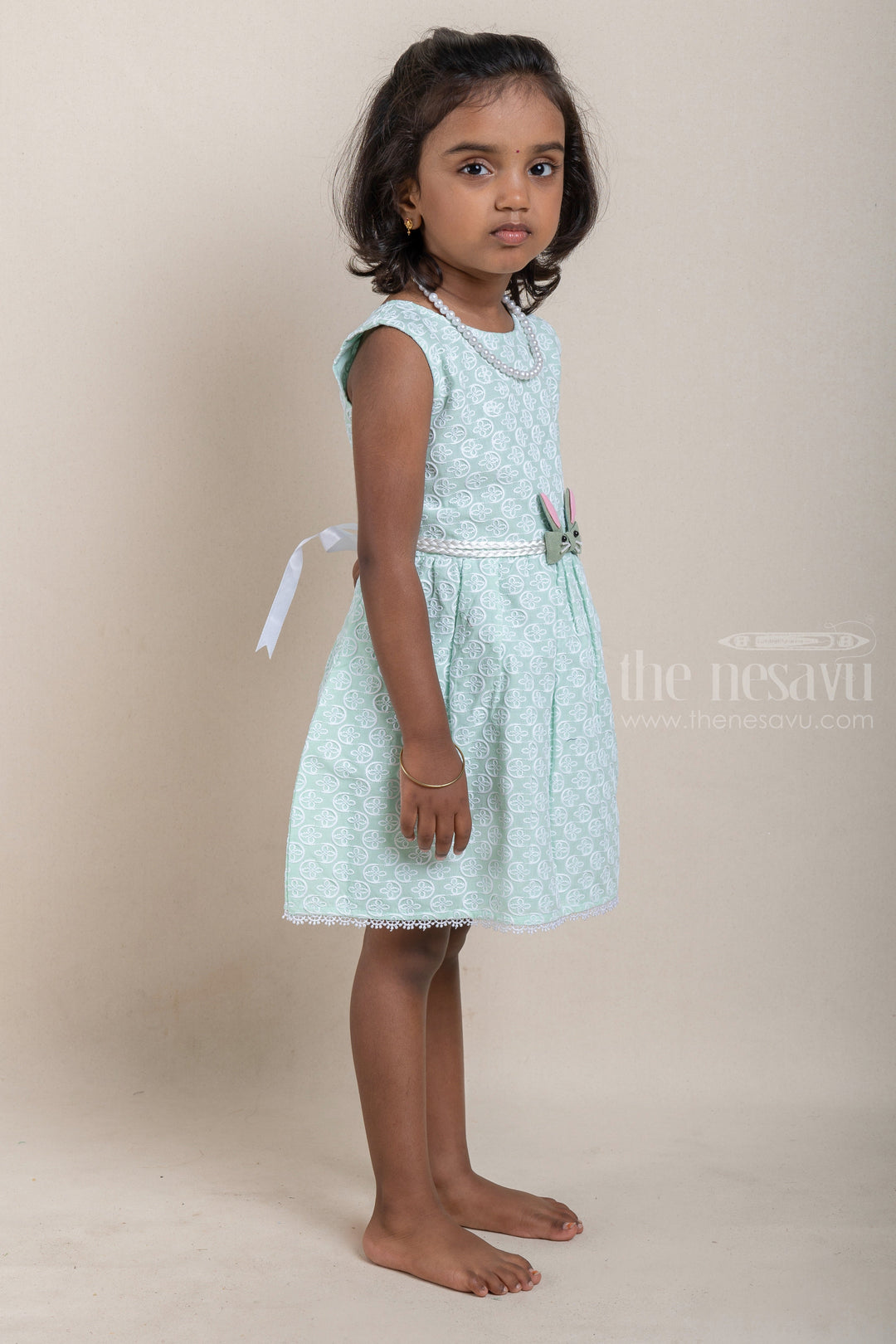The Nesavu Baby Cotton Frocks Gorgeous All Over Floral Embroidered Green Bamboo Cotton Frock For Baby Girls Nesavu Floral Designer baby Wear Frock | Cotton Dresses For Kids | The Nesavu