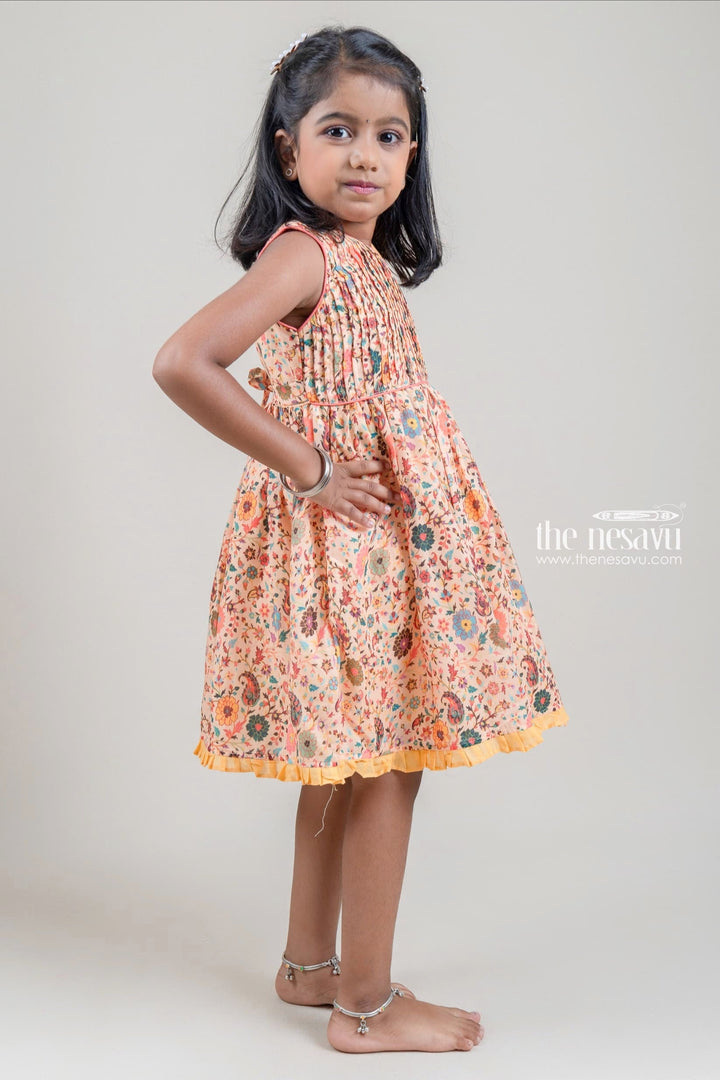 The Nesavu Girls Fancy Frock Gorgeous Beige Paisley N Floral Printed Pleated Casual Frock For Girls Nesavu Paisley Printed Frock For Girls | New Arrival | The Nesavu