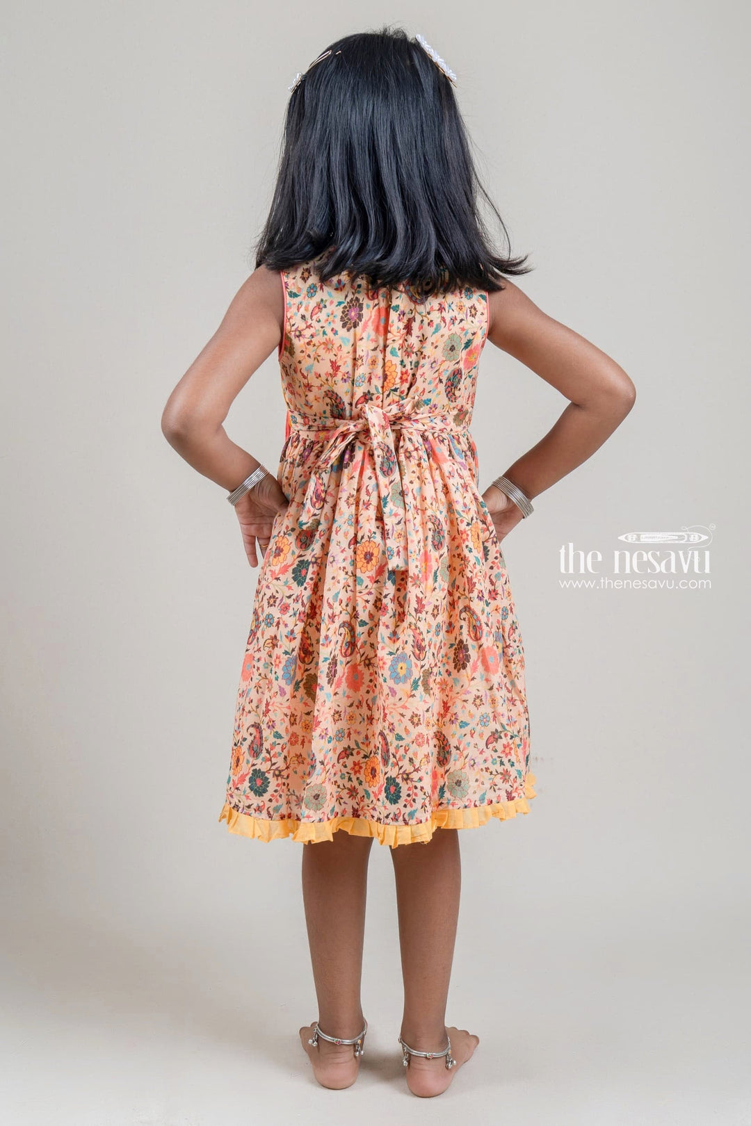 The Nesavu Girls Fancy Frock Gorgeous Beige Paisley N Floral Printed Pleated Casual Frock For Girls Nesavu Paisley Printed Frock For Girls | New Arrival | The Nesavu