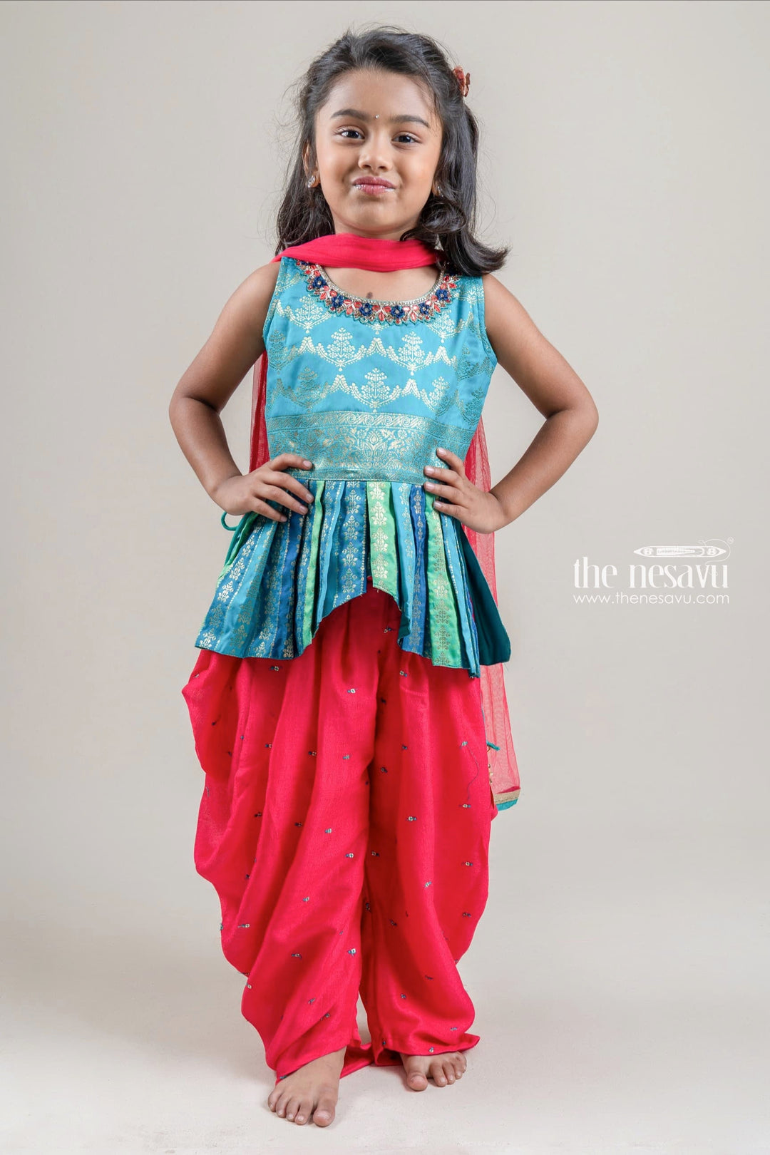 The Nesavu Girls Dothi Sets Gorgeous Blue Floral Designer Top And Glitter Sequined Red Patiyala For Girls Nesavu 18 (2Y) / Red / Silk Blend GPS138A-18 Trendy Palazzo With Croptop | Designer Palazzo Suit For Girls | The Nesavu