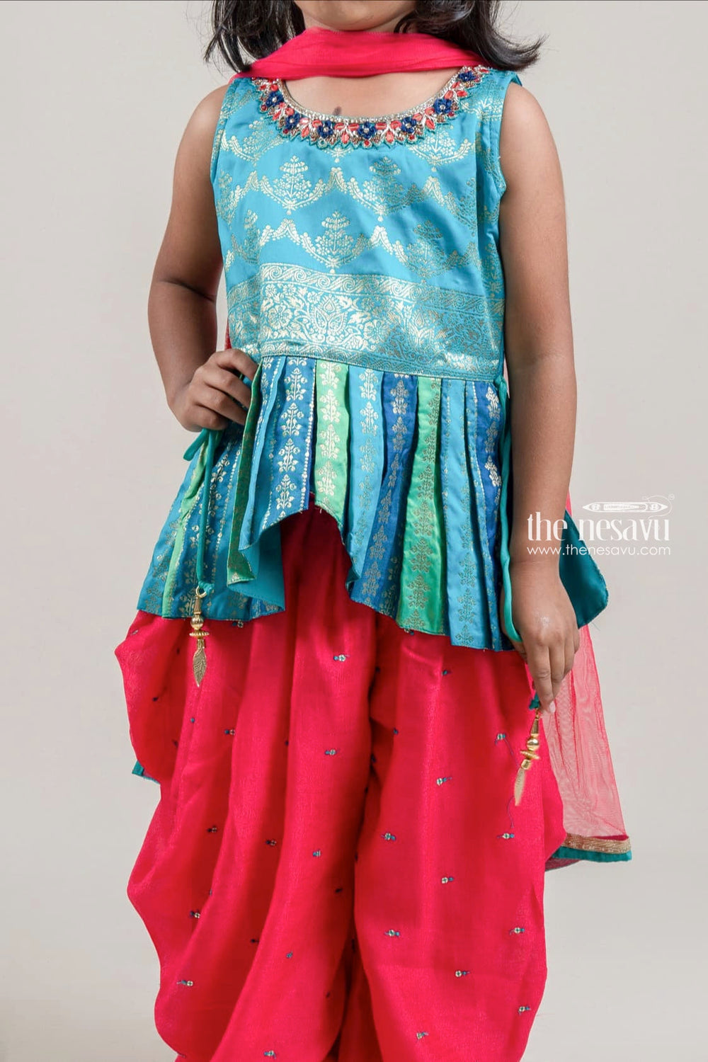 The Nesavu Girls Dothi Sets Gorgeous Blue Floral Designer Top And Glitter Sequined Red Patiyala For Girls Nesavu Trendy Palazzo With Croptop | Designer Palazzo Suit For Girls | The Nesavu