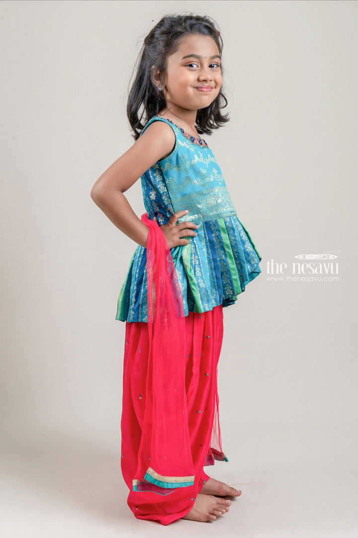 The Nesavu Girls Dothi Sets Gorgeous Blue Floral Designer Top And Glitter Sequined Red Patiyala For Girls Nesavu Trendy Palazzo With Croptop | Designer Palazzo Suit For Girls | The Nesavu