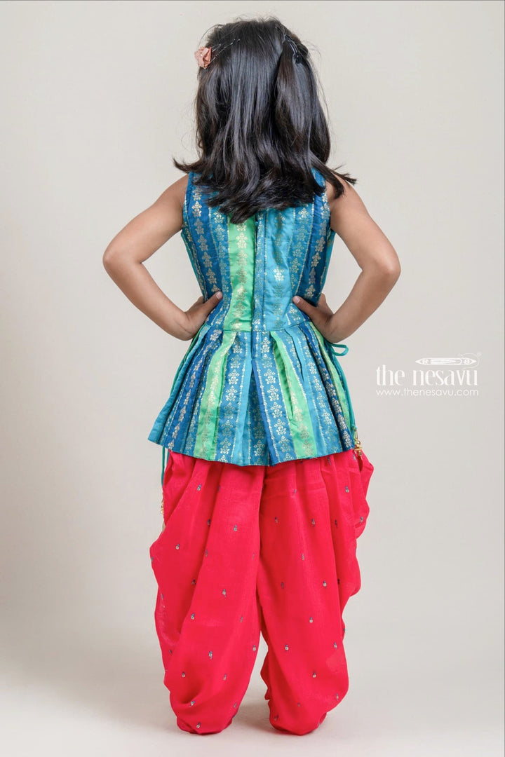 The Nesavu Girls Dothi Sets Gorgeous Blue Floral Designer Top And Glitter Sequined Red Patiyala For Girls Nesavu Trendy Palazzo With Croptop | Designer Palazzo Suit For Girls | The Nesavu