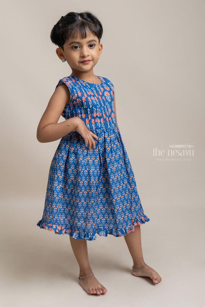The Nesavu Girls Fancy Frock Gorgeous Blue Pleated Yoke With Floral Printed Sleeveless Cotton Frock For Girls Nesavu Pretty Floral Printed Cotton Frock For Girls | Trendy Cotton Frocks | The Nesavu