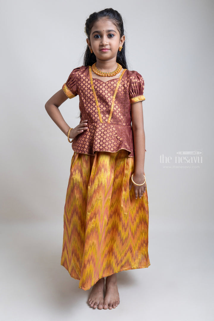 The Nesavu Pattu Pavadai Gorgeous Brown Floral Designed Silk Blouse With Ziz-Zag Pattu Pavadai For Girls Nesavu 16 (1Y) / Yellow / Jute Silk GPP253A-16 Traditional Wear For Girls | Latest Pattu Pavadai | The Nesavu