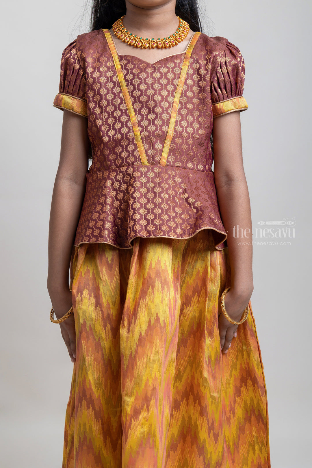 The Nesavu Pattu Pavadai Gorgeous Brown Floral Designed Silk Blouse With Ziz-Zag Pattu Pavadai For Girls Nesavu Traditional Wear For Girls | Latest Pattu Pavadai | The Nesavu